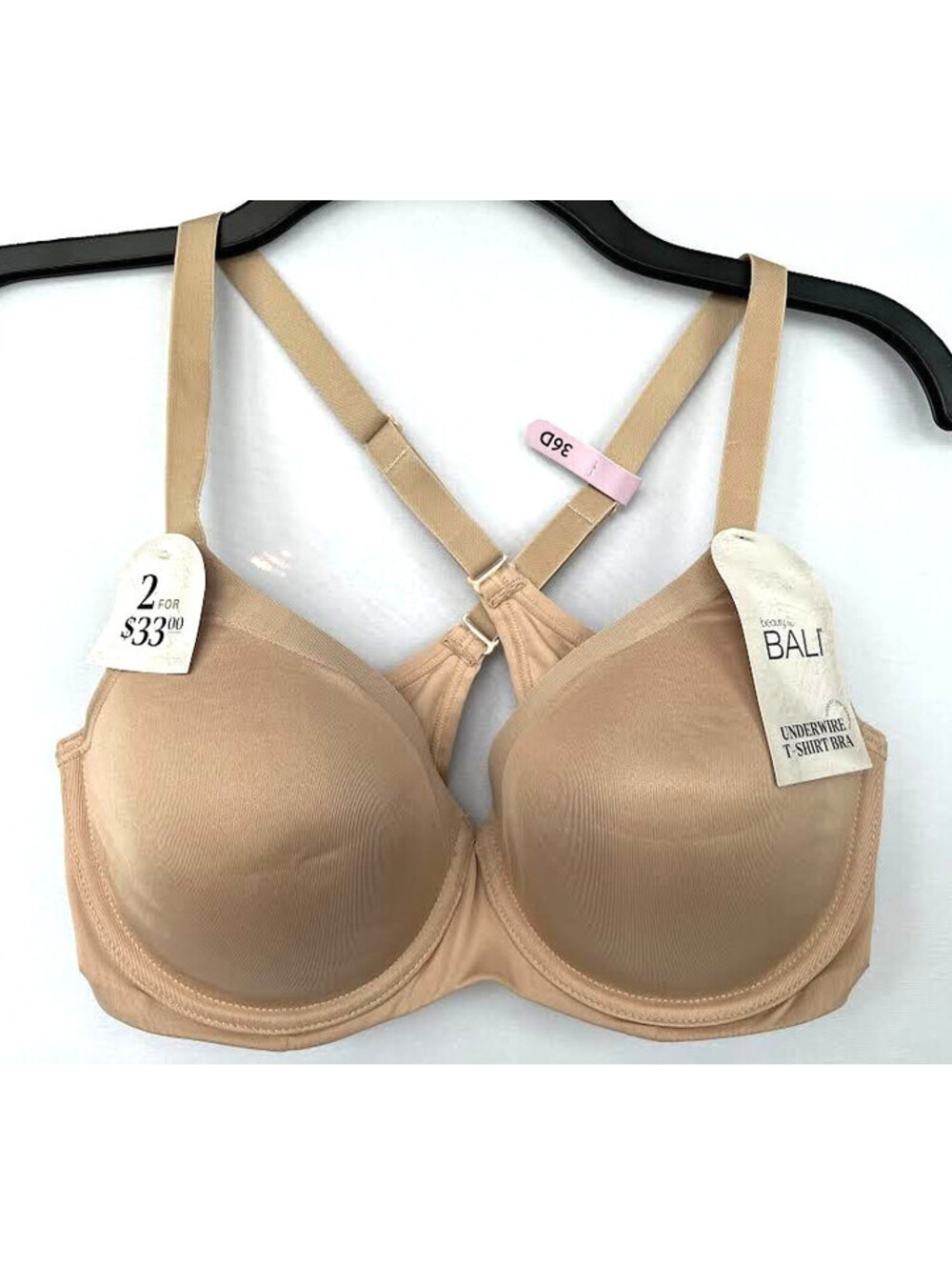 Bali Underwire T-shirt Bra-Size 36D-Crosses In Back, Beige *NEW*